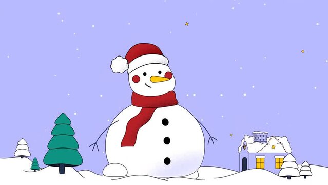 2D Animated cartoon snowman assembling itself with red scarf and Christmas hat and waving Hi at the camera.