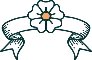 traditional tattoo with banner of a flower