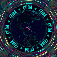 Cuba on globe. Satelite view of the world centered to Cuba. Bright neon style. Futuristic radial bricks background. Cool vector illustration.