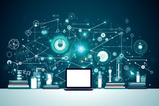 Science communicator in a laboratory setting, Scientific elements or educational graphics, Include science icons and a subtle camera element, Informative and professional