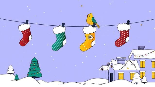 2D animated scene of Multiple colorful Christmas socks hanging from rope with bird on top hopping pecking the stockings.