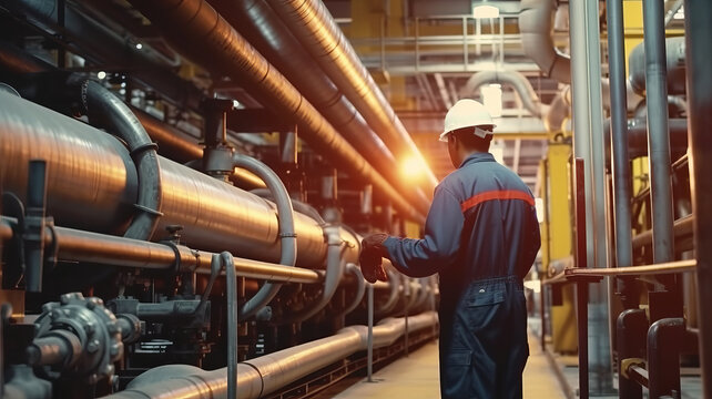 Male worker inspects steel pipes in oil refinery