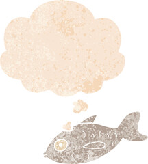 cartoon fish with thought bubble in grunge distressed retro textured style
