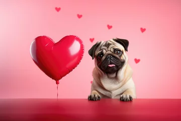 Rolgordijnen Funny loving dog with a heart-shaped balloon on pink background. AI generative. © Macarena