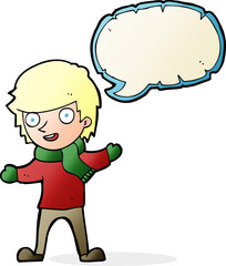 cartoon boy in winter clothes with speech bubble