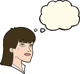 cartoon serious woman with thought bubble