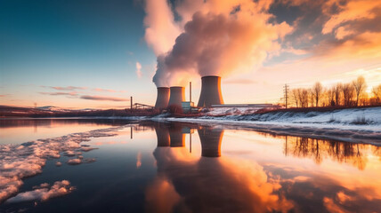 Nuclear power plant against sky by the river at sunset ,generative ai