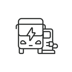 Electrical bus line icon. Hybrid Vehicles. Electric vehicle recharging point. Eco-friendly bus with electric battery. EV charging station. Front view. Editable stroke. Vector illustration isolated.