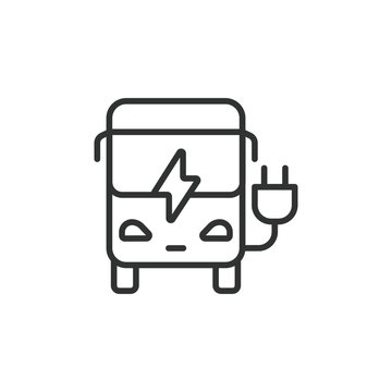 Electrical bus line icon. Hybrid Vehicles. Eco friendly Bus with electric battery. Front view. Editable stroke. Vector illustration.