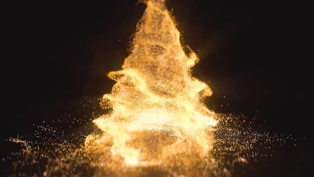 3D rendered intro scene of fiery light particles turning into Christmas tree with two stars materialising behind.