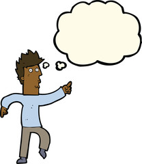 cartoon worried man pointing with thought bubble