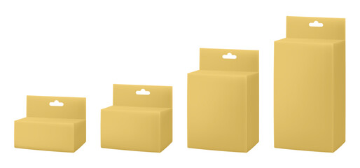 Set of gold paper packaging boxes with hanging hole. Blank product package mockup