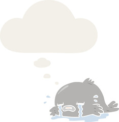 cartoon crying fish with thought bubble in retro style