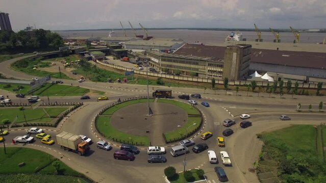 Drone Shot Over A Traffic Jam In Sunny Douala City, Cameroon, Central