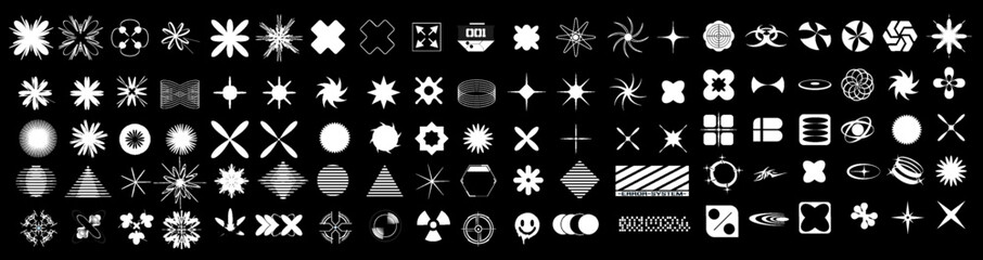 Assorted Collection of Vector Starbursts and Futuristic Shapes for Design Retrofuturistic, Y2K, rave trip Elements. Cyberpunk symbols, icons. emplates for notes, posters, banners, stickers.