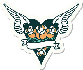 sticker of tattoo in traditional style of a flying heart with flowers and banner