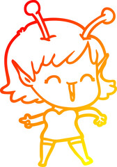 warm gradient line drawing of a cartoon alien girl laughing