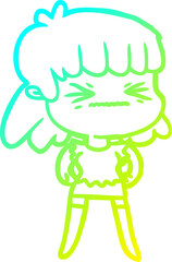 cold gradient line drawing of a cartoon angry girl