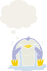 Naklejka premium cartoon crying penguin with thought bubble in retro style