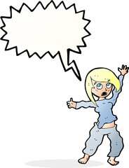 cartoon frightened woman with speech bubble
