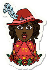 sticker of a human bard with natural 20 dice roll