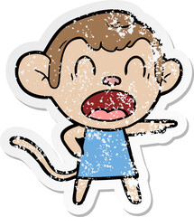 distressed sticker of a shouting cartoon monkey pointing