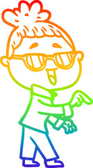 rainbow gradient line drawing of a cartoon happy woman wearing spectacles