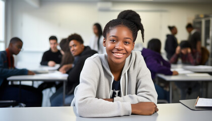 Black teen girl in modern classroom.
