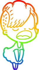 rainbow gradient line drawing of a cartoon cool hipster girl talking