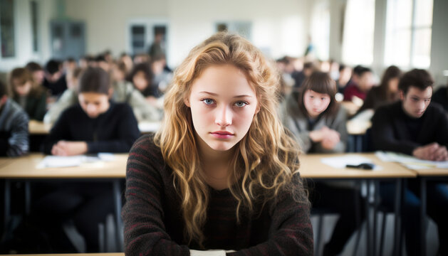 teen girl in modern classroom.