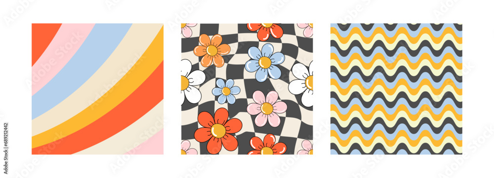 Poster set of chess board backgrounds. psychedelic design in 60-70s. white background. groovy. trippy color
