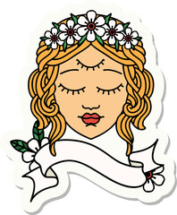 tattoo style sticker with banner of female face with third eye