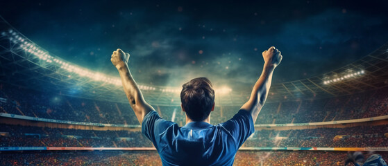 Football fan cheers with raised hands. - obrazy, fototapety, plakaty