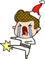 hand drawn comic book style illustration of a crying man wearing santa hat