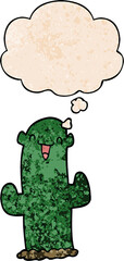 cartoon cactus with thought bubble in grunge texture style