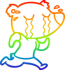 rainbow gradient line drawing of a cartoon crying bear running