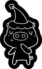quirky cartoon icon of a content pig wearing santa hat