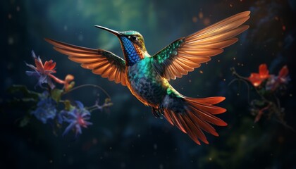 Naklejka premium hummingbird flying with flowers background