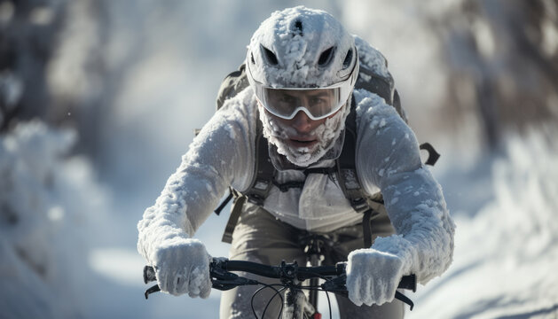 Snow-covered cyclist in white winter landscape, helmet and jersey blending with snow.generative ai