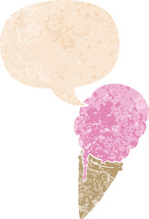 cartoon ice cream with speech bubble in grunge distressed retro textured style