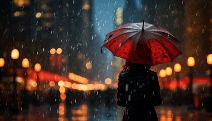 closeup shot of a woman in rain holding a red umbrella