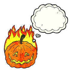 cartoon grinning pumpkin with thought bubble