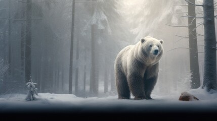 a large white bear standing in the middle of a forest
