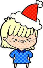 annoyed hand drawn comic book style illustration of a girl wearing santa hat