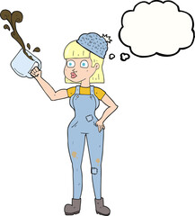 freehand drawn thought bubble cartoon female worker with coffee mug