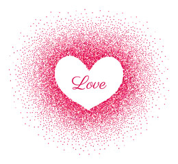Love heart shape negative space frame. Valentines Day greeting card with glitter pink sparkles, wedding invitation, romantic web banner. February holiday loves symbol. Confetti particle design element