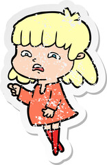 distressed sticker of a cartoon worried woman