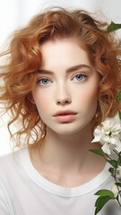 Fototapeta premium A young Caucasian model, wearing subtle makeup, is seen posing with a flower branch against a white background.