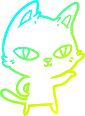 cold gradient line drawing of a cartoon cat staring