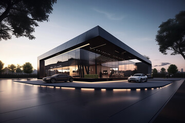 minimalistic architectural design of a modern car service center at dusk